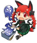  animal_ears braid cat_ears cat_tail chibi dress extra_ears fang ghost hair_ribbon hitsuji_bako kaenbyou_rin multiple_tails pointy_ears red_eyes red_hair ribbon running solo tail touhou twin_braids twintails wheelbarrow 