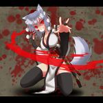  animal_ears black_legwear blood blood_on_face breasts breath detached_sleeves fangs gmot hat highres inubashiri_momiji katana large_breasts nail_polish open_hand red_eyes red_nails solo sword tail thighhighs thighs tokin_hat touhou weapon white_hair wolf_ears wolf_tail 
