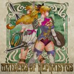  art_nouveau artist_name ascot back-to-back bad_id bad_pixiv_id belt blonde_hair blue_eyes boots breasts cassandra_alexandra cleavage dress elbow_gloves gloves hair_ribbon leotard medium_breasts multiple_girls necktie pink_neckwear ribbon shield short_dress short_hair siblings sisters smile sophitia_alexandra soulcalibur soulcalibur_iv sword text_focus thigh_boots thighhighs tiara vest weapon white_gloves xuexue_yue_hua 