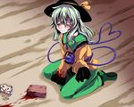  blood blood_on_face bloody_clothes blush brick closed_eyes collarbone commentary green_hair grin hat heart heart_of_string komeiji_koishi kuon_yashiro long_sleeves mask smile solo third_eye touhou wide_sleeves 