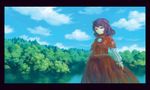  calligraphy_brush_(medium) forest hair_ornament highres miso_pan nature paint_(medium) purple_hair red_eyes rope scenery shimenawa short_hair smile solo touhou traditional_media yasaka_kanako 