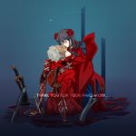  1girl archer bad_id bad_pixiv_id black_hair blood dark_skin dress fate/stay_night fate_(series) flower hair_flower hair_ornament impaled kanshou_&amp;_bakuya koh_nelius long_hair red_flower red_rose rose sword toosaka_rin weapon white_hair 