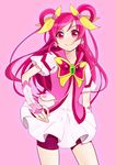  bad_id bad_pixiv_id bag bike_shorts brooch bug butterfly cure_dream earrings gloves hair_ornament hair_rings hand_on_hip highres insect jewelry long_hair magical_girl pink_background pink_eyes pink_hair pink_shorts precure sasamaru_chimaki shorts shorts_under_skirt smile solo yes!_precure_5 yes!_precure_5_gogo! yumehara_nozomi 