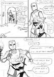  &lt;3 armor black_and_white bone clothing comic damsel_in_distress dialog ear_piercing english_text female hug humor knight kobold loincloth monochrome piercing plain_background prison scalie size_difference skull sword text torch weapon white_background 