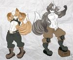  anthro arms_behind_head belt biceps boots brown_fur canine chest_tuft clothing dullvivid fangs flexing footwear fox fox_mccloud fur green_eyes grey_fur hair knee_pads looking_at_viewer male mammal muscles navel nintendo nipples pants pecs pose pubes red_eyes shirt shirt_lift standing star_fox tank_top teeth toned topless tuft vein video_games white_fur white_hair wolf wolf_o&#039;donnell wolf_o'donnell 