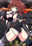  armor arrow ass bikini_top bow_(weapon) brown_hair detached_collar green_eyes holding leotard long_sleeves looking_at_viewer looking_back master_of_epic molten_rock senzoc solo standing thighhighs weapon 