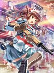  1girl alicia_melchiott artist_request boots brown_eyes brown_hair gloves gun lens_flare looking_at_viewer open_mouth senjou_no_valkyria senjou_no_valkyria_1 skirt solo thighhighs weapon zettai_ryouiki 