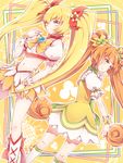  anthiea back-to-back bad_id bad_pixiv_id blonde_hair boots bow choker club color_connection cure_rosetta cure_sunshine dokidoki!_precure floral_print flower heartcatch_precure! highres knee_boots looking_back midriff multiple_girls myoudouin_itsuki navel orange_bow orange_choker orange_hair precure sunflower twintails weapon yellow_bow yellow_eyes yotsuba_alice 