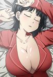  arm_over_head arms_up bed_sheet black_hair blush bob_cut breasts cleavage closed_eyes collarbone from_above hanya_(hanya_yashiki) highres huge_breasts kirigaya_suguha long_sleeves lying on_back pajamas parted_lips shiny shiny_skin short_hair sleeping solo sword_art_online upper_body 