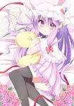  ashino bad_id bad_pixiv_id bed black_legwear book capelet crescent crescent_hair_ornament cushion dress flower hair_ornament hat highres long_hair lying patchouli_knowledge pink_flower pink_rose purple_eyes purple_hair ribbon rose solo thighhighs touhou 