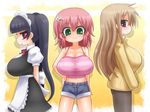  3_girls 3girls arekishi black_hair breasts brown_hair cg huge_breasts maid maid_headdress multiple_girls pink_hair wallpaper 