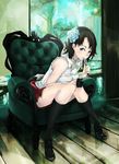  armchair black_hair black_legwear blue_eyes blush chair flower full_body hair_flower hair_ornament high_heels highres looking_at_viewer mille_(dieci) original shoes short_hair sitting solo watch wooden_floor 