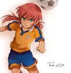  ball character_name clenched_teeth inazuma_eleven_(series) inazuma_eleven_go kirino_ranmaru lightning_bolt long_hair male_focus mizuhara_aki pink_hair raimon raimon_soccer_uniform simple_background soccer_ball soccer_uniform solo sportswear sweat teeth telstar twintails white_background 