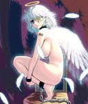  angel barcode barefoot blue_eyes breasts censored chain convenient_censoring cuffs eyepatch feathers feet_on_chair full_body halo large_breasts leg_hug masao nude original parted_lips shackles short_hair solo squatting tiptoes white_hair wings 