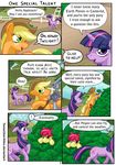  2013 amber_eyes apple_bloom_(mlp) applejack_(mlp) blonde_hair bow bush cloud comic cowboy_hat cutie_mark dialog english_text equine female fence feral freckles friendship_is_magic green_eyes hair hat hedge_cutters horn horse mammal multi-colored_hair my_little_pony outside pink_hair pipe_wrench pony purple_eyes purple_hair red_hair sky texasuberalles text tree twilight_sparkle_(mlp) unicorn 
