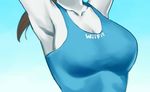  armpits arms_up breasts brown_hair close-up clothes_writing head_out_of_frame long_hair medium_breasts oppaishikakakanai ponytail solo tank_top white_skin wii_fit wii_fit_trainer 