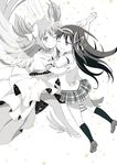  akemi_homura ayukko_(forest_village) cheek-to-cheek dress gloves greyscale hair_ribbon hug interlocked_fingers kaname_madoka long_hair mahou_shoujo_madoka_magica monochrome multiple_girls one-armed_hug one_eye_closed open_mouth ribbon skirt smile star two_side_up ultimate_madoka 