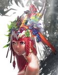  bad_id bad_pixiv_id bare_shoulders blue_eyes braid earrings feathers flower hair_feathers hair_flower hair_ornament headdress jewelry karasu-san_(syh3iua83) original red_hair solo stitches twin_braids 