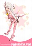  :d boots breasts copyright_name elbow_gloves fate/kaleid_liner_prisma_illya fate_(series) feathers frilled_skirt frills gloves hair_feathers illyasviel_von_einzbern leaning_forward long_hair magical_girl motsu_(kk_3) open_mouth pink_footwear prisma_illya red_eyes silver_hair skirt small_breasts smile solo star thigh_boots thighhighs two_side_up v white_hair 