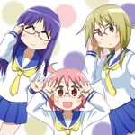  :d ^_^ bespectacled blonde_hair blue_sailor_collar blush closed_eyes glasses goriate hinata_yukari ichii_yui long_hair multiple_girls nonohara_yuzuko open_mouth pink_hair pleated_skirt purple_hair red-framed_eyewear sailor_collar school_uniform school_uniform_(yuyushiki) serafuku short_hair skirt smile twintails yellow_eyes yuyushiki 