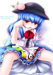  blue_hair blush character_name food fruit hat highres hinanawi_tenshi long_hair looking_at_viewer peach red_eyes simple_background sitting solo touhou tsubasa_(abchipika) white_background 