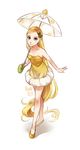  1girl bare_arms bare_legs bare_shoulders blonde_hair blue_eyes dress food_themed_clothes full_body hair_ornament holding leaf lemonade long_hair meago original personification rough signature solo strapless_dress umbrella very_long_hair white_background yellow_dress 