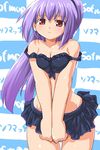  arnval bare_shoulders bikini bikini_skirt breast_squeeze breasts busou_shinki cleavage dd_(ijigendd) long_hair ponytail purple_hair red_eyes skirt small_breasts sofmap sofmap_background solo step_and_repeat strap_slip swimsuit thigh_gap 