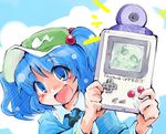  blue_eyes blue_hair blush camera game_boy hair_bobbles hair_ornament handheld_game_console hat kawashiro_nitori long_sleeves open_mouth pocket_camera_(nintendo) shinapuu short_hair sketch smile solo touhou two_side_up 