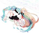  barefoot bottle_ia bottle_miku braid closed_eyes fish goldfish hako_(swimjelly) hatsune_miku ia_(vocaloid) liquid_hair long_hair multiple_girls one_eye_closed school_uniform seashell serafuku shell sitting smile squatting vocaloid 