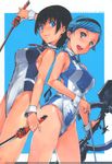  arrow bare_shoulders black_hair blue_eyes blue_hair bodysuit bow_(weapon) dual_wielding groin highres holding kizaki_emi kurogane_no_linebarrel legs multiple_girls official_art ohba_makishi orange_eyes shimoguchi_tomohiro sword weapon 