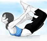  barefoot breasts capri_pants closed_eyes exercise flexible grey_hair lips long_hair lying medium_breasts midriff on_stomach open_mouth pants ponytail sho-n-d sideboob solo tank_top white_skin wii_fit wii_fit_trainer yoga 