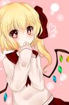  alternate_costume bad_id bad_pixiv_id blonde_hair flandre_scarlet hair_ribbon hand_on_own_face heart koyashaka light_particles looking_at_viewer pink_background red_eyes ribbon school_uniform serafuku short_hair side_ponytail simple_background sleeves_past_wrists solo touhou wings 