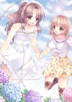  ameya_kirika blush brown_eyes brown_hair dress flower happy highres hydrangea long_hair multiple_girls original rainbow short_hair sky surprised thighhighs umbrella water_drop 