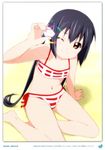  1girl arm_support barefoot bikini black_hair closed_mouth collarbone errant errants_one_hundred_days_of_summer female highres k-on! long_hair midriff nakano_azusa navel orange_eyes smile solo straight_hair swimsuit twintails wink 