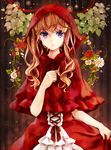  brown_hair capelet dress flower highres hood little_red_riding_hood little_red_riding_hood_(grimm) long_hair original puracotte purple_eyes red_capelet red_flower red_rose rose smile solo 