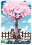  book brown_hair cherry_blossoms cloud day fence grass holding holding_book multiple_girls original outdoors paper petals school_uniform short_hair sitting skirt sky takasaki_yuuki tree under_tree 