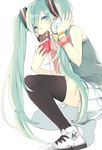  bad_id bad_pixiv_id bracelet cellphone chocolate green_eyes green_hair hatsune_miku headphones iphone jewelry long_hair phone prin_dog shoes skirt smartphone sneakers solo thighhighs twintails very_long_hair vocaloid white_background 