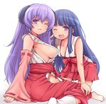  bare_arms barefoot blush breasts detached_sleeves furude_rika hakama hakama_skirt hanyuu hasu_(hk_works) higurashi_no_naku_koro_ni hip_vent horns japanese_clothes kneeling large_breasts long_hair looking_at_viewer medium_breasts miko multiple_girls one_eye_closed open_mouth purple_eyes purple_hair red_hakama sideboob simple_background sitting smile socks wariza white_background white_legwear 