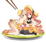  :o ahoge ass bare_shoulders black_eyes black_legwear blush bow breasts chopsticks cleavage egg food food_themed_clothes long_hair looking_at_viewer mary_janes medium_breasts minigirl multiple_girls nardack no_socks orange_eyes original panties personification plate red_hair shoes short_hair skirt sushi thighhighs underwear white_panties 