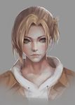  annie_leonhardt bangs blonde_hair blue_eyes face grey_background hair_up lips oryuvv parted_bangs portrait realistic shingeki_no_kyojin short_hair sideways_glance simple_background solo 