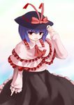  blush frills hat nagae_iku purple_hair red_eyes ribbon short_hair smile solo touhou tsubasa_(abchipika) 