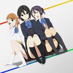  :d black_hair black_legwear blazer blue_hair bow closed_eyes girl_sandwich hair_ornament hairclip inaba_himeko jacket kaiman kiriyama_yui kneehighs kokoro_connect mole mole_under_mouth multiple_girls nagase_iori no_shoes open_mouth orange_hair sandwiched school_uniform side_ponytail skirt smile socks white_legwear 