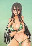  bikini black_hair blush breasts green_bikini groin houraisan_kaguya large_breasts long_hair navel open_mouth red_eyes side-tie_bikini solo swimsuit tan tears touhou very_long_hair wavy_mouth yagasuri yamada_yukihito 