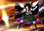  alternate_weapon arm_cannon black_hair blouse bow cape firing long_hair muzzle_flash open_mouth parody red_eyes reiuji_utsuho skirt smile solo third_eye touhou tsubasa_(abchipika) weapon wings 