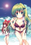  bad_id bad_pixiv_id beach bikini blush breasts brown_hair cleavage cloud day frog_hair_ornament front-tie_top green_eyes green_hair hair_ornament hair_tubes hakurei_reimu highres kochiya_sanae large_breasts leaning_forward monaka_natsume multiple_girls outdoors side-tie_bikini sky smile snake_hair_ornament swimsuit touhou water 