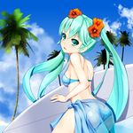  aqua_eyes aqua_hair bad_id bad_pixiv_id beach bikini blue_sarong blush day flower hair_flower hair_ornament hatsune_miku henet_hene hibiscus highres long_hair looking_back palm_tree parted_lips sarong see-through shiny shiny_skin solo strap_gap surfboard swimsuit translucent_sarong tree twintails vocaloid 