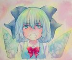  blue_eyes blue_hair bow cirno clenched_teeth hair_bow highres solo tears teeth touhou traditional_media watercolor_(medium) wings yuyu_(00365676) 