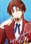  alcohol bad_id bad_pixiv_id birthday blue_eyes blurry brown_hair cup dated depth_of_field drinking_glass facial_hair fate/zero fate_(series) formal goatee happy_birthday juugonichi_(wheeliex2) male_focus solo sparkle suit toosaka_tokiomi wine wine_glass 