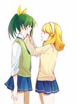  blonde_hair blush cardigan eye_contact green_eyes green_hair hairband hands_on_another's_cheeks hands_on_another's_face kazhi kise_yayoi looking_at_another midorikawa_nao multiple_girls nanairogaoka_middle_school_uniform ponytail precure school_uniform short_hair simple_background sleeves_rolled_up smile_precure! white_background white_hairband yellow_eyes yuri 
