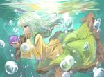  bad_id bad_pixiv_id blush brown_legwear eyeball green_eyes green_hair heart heart_of_string highres komeiji_koishi long_hair long_sleeves no_hat no_headwear pantyhose skirt solo third_eye touhou transistor underwater 